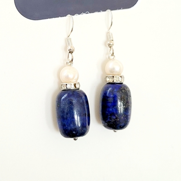 1" Lapis Lazuli gemstone, white pearls handmade Earrings - Picture 2 of 4